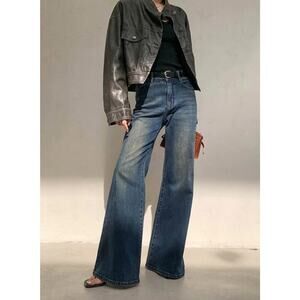 Commense Jeans S High Rise Flare Wide Leg Vintage Washed Stretch Womens NEW